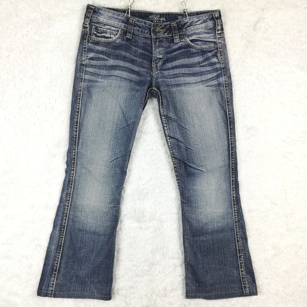 Silver Jeans Womens Twisted Flare Boot Cut Denim Blue Stone Wash Short‎ 30
